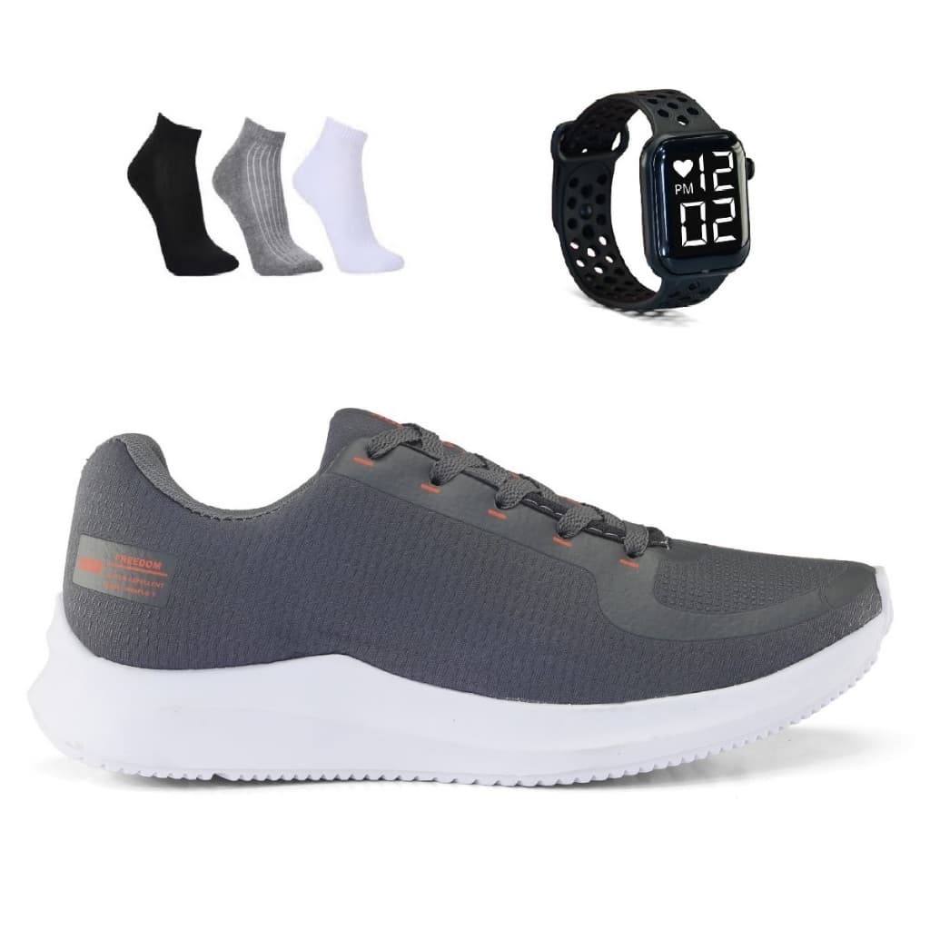 Tenis Masculino + Relogio + Meia Esportivo Versatil Academia Corrida Caminhada Super leve e Macio