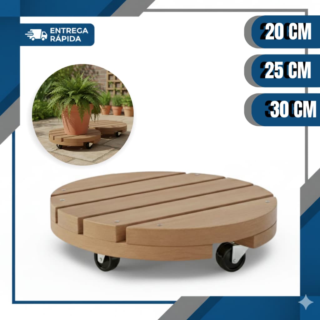 Suporte De Vaso Com Rodas 20cm 25cm 30cm Redondo Madeira Tratada Multiuso - Promoção