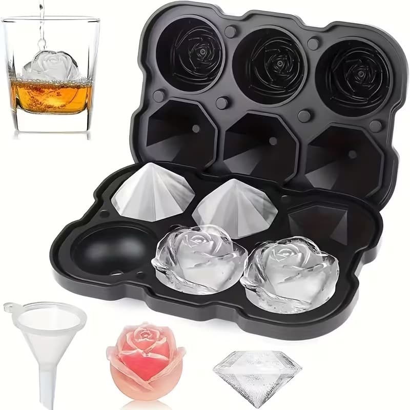 Bandeja De Cubos De Gelo Em Forma De Rosa Diamante 3d Silicone Reutilizável Para Cocktails