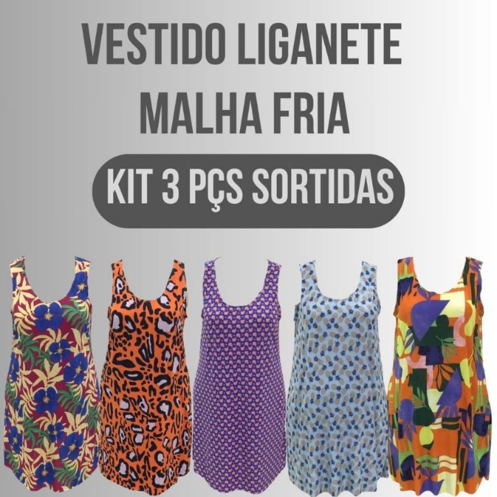Kit 3 Vestido Plus Size Liganet Alçinha Moda Feminino Tamanho Grande Regata Estampas Variadas Senhora