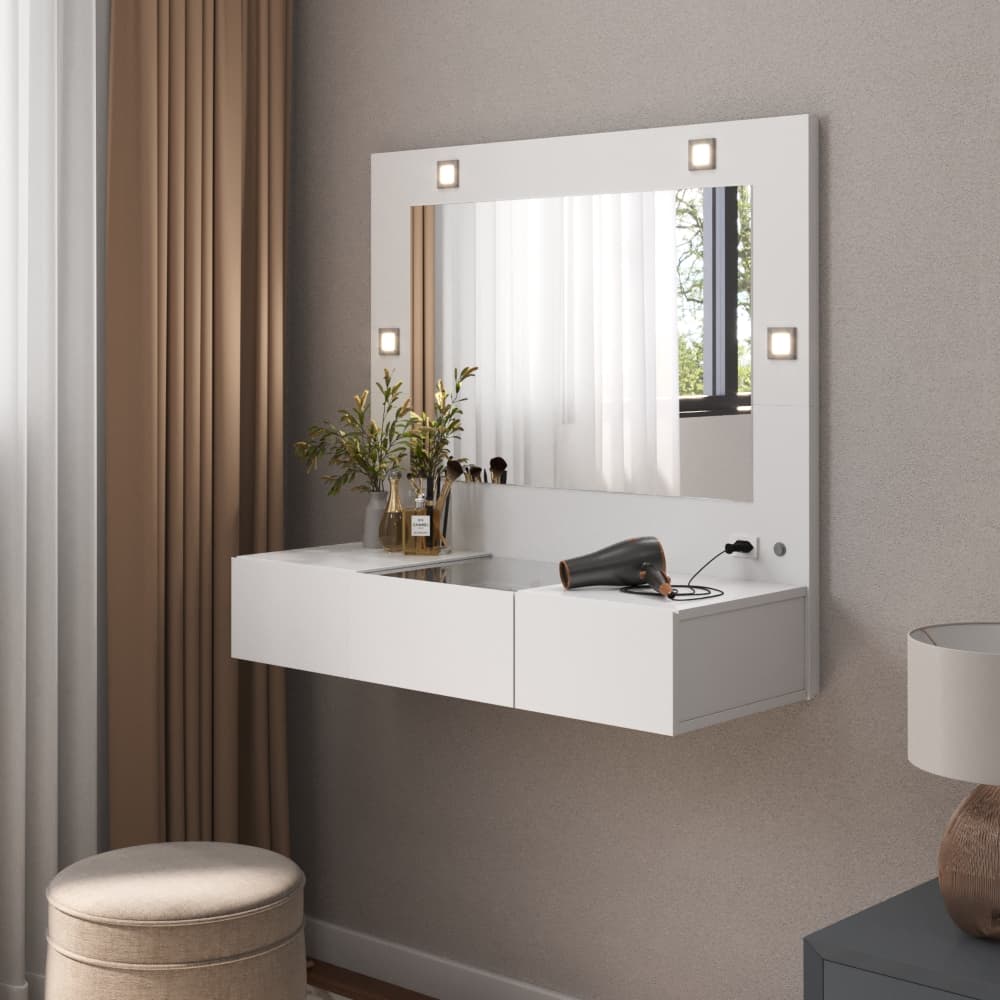 Penteadeira Suspensa Sofia Camarim com Espelho e LED – Design Compacto