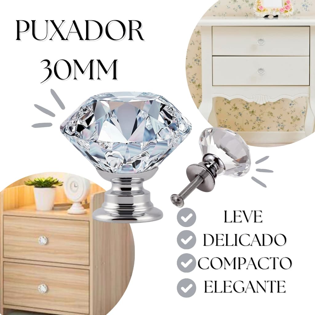 Puxador de Armário Porta Gavetas Móveis Modelo Cristal Médio 30mm Base Cromada