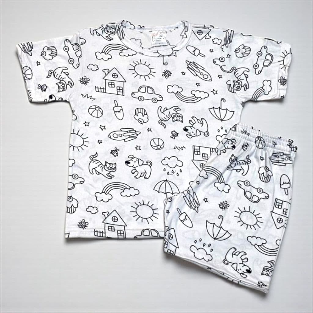 Pijama Infantil  para Colorir Menino e Menina Manga Curta – Conjunto Blusa + Shorts Confortável