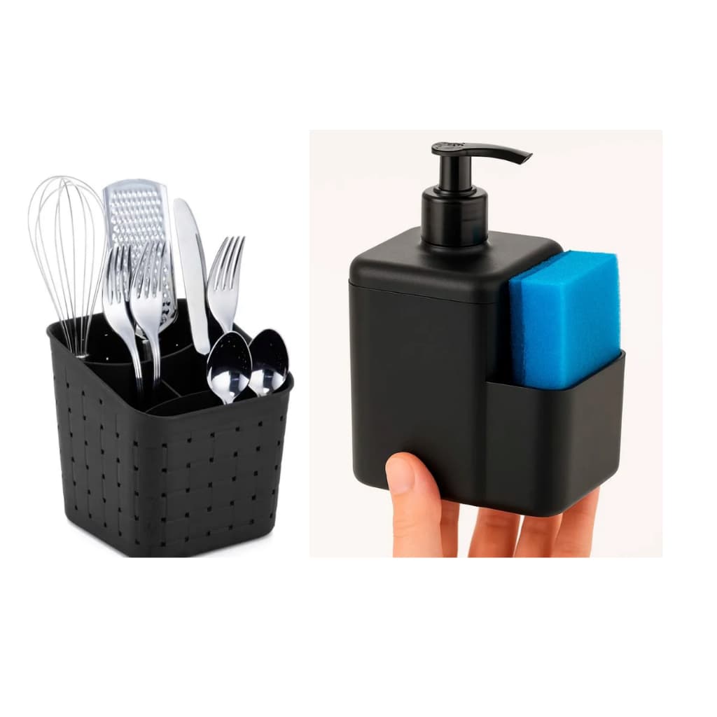 Kit 2 Peças Completo Das PLAST  – Porta Detergente 500ml + Porta Talheres de Pia com 4 Divisórias.