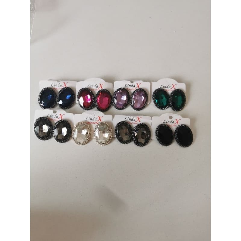 💎 Brinco Botão Oval com Pedraria Cristal Lapidado Luxo Festa Elegante Preto Azul Vermelho Roxo Verde Champanhe B55043-2