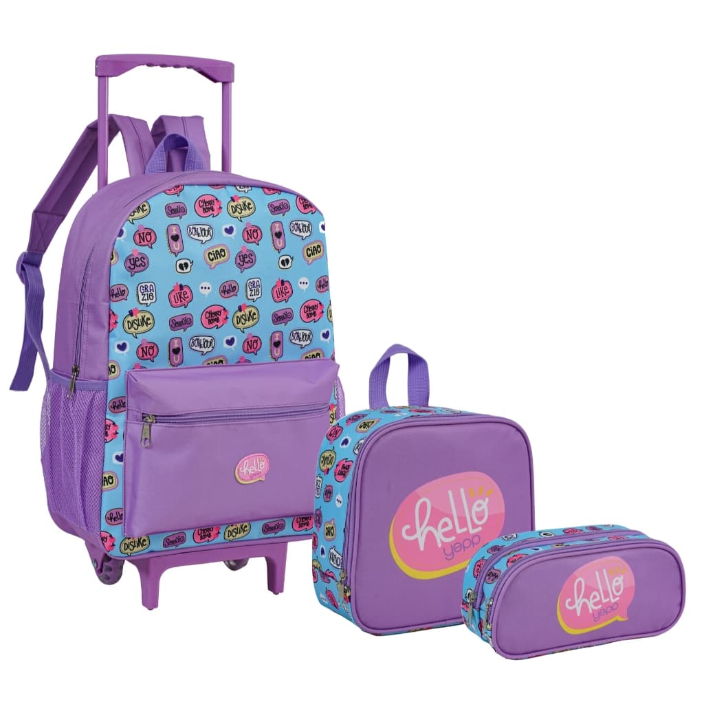 Kit Escolar Infantil 16” Hello — Mochila Carrinho + Lancheira Térmica + Estojo Duplo | Envio Imediato