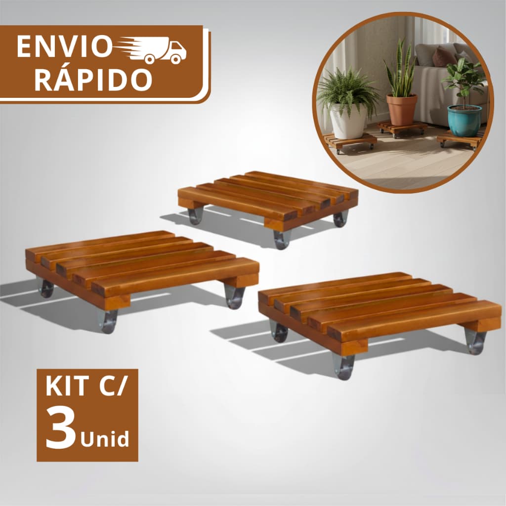 Kit 3 Suportes Quadrado Madeira Com Rodinhas Para Botijão Ou Vaso De Planta 30CM  Suporta Até 80 kg
