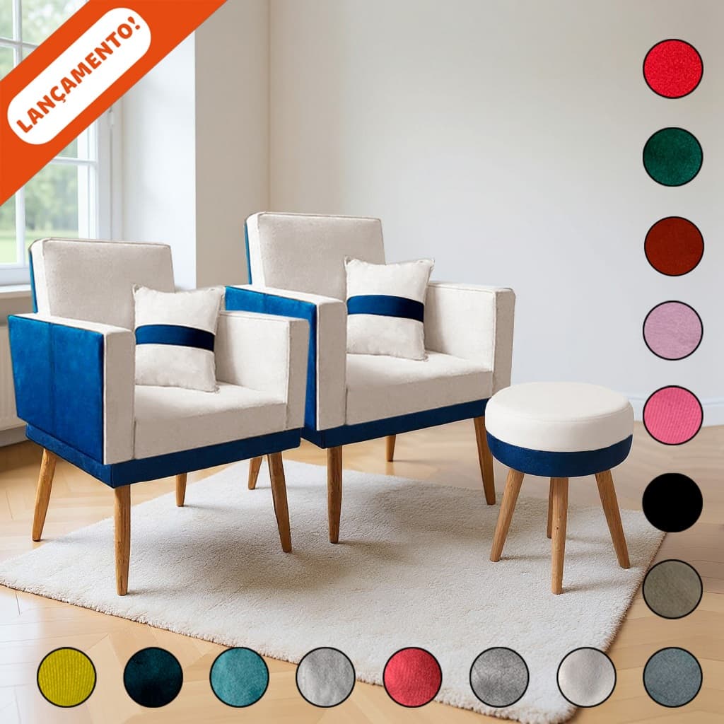 Kit 2 Poltronas Para Sala Decorativa Lis Com 1 Puffs Corino Azul e Veludo Aninha Decor