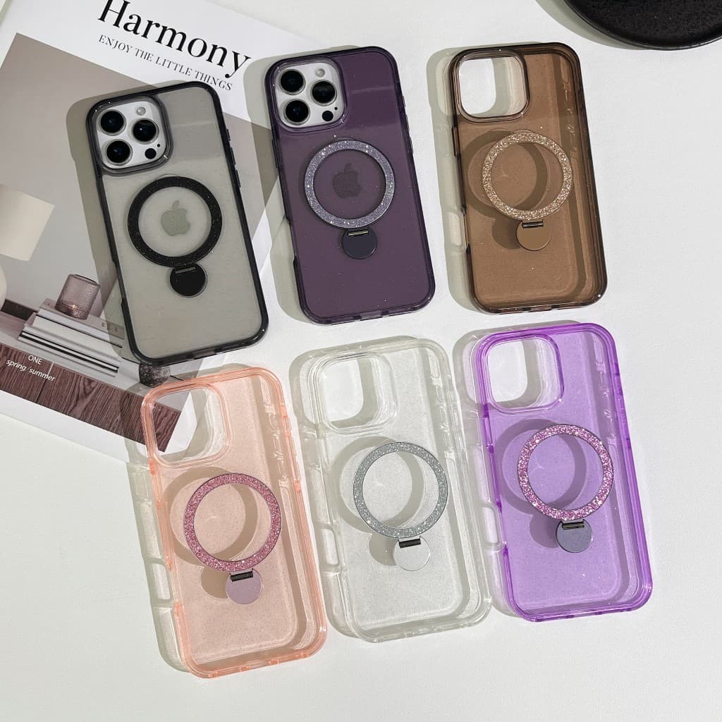 Capa Transparente com Glitter & Suporte Circular para iPhone 11 12 13 13 Pro Max 14 14 Pro Max 15 15 Pro Max (PMD)
