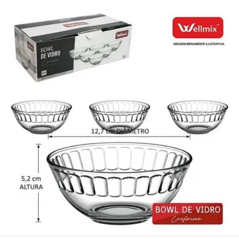 Jogo com 6 Bowl de Video Carmine Design Elegante, Vidro Resistente, Fácil de Limpar