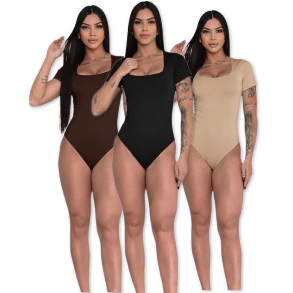 Kit 3 Body Feminino Suplex Manga Curta Decote Quadrado Elegante