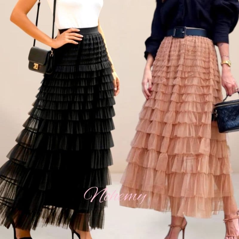 Saia Feminina Longa de Tule  com Babados em Camadas - Forrada e Elegante | Moda Evangelica Alta Qualidade
