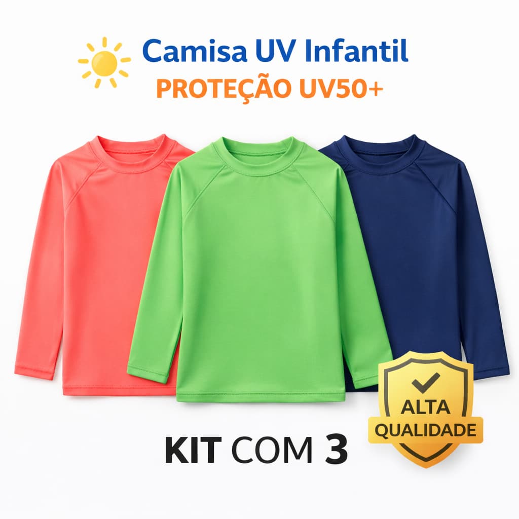 Kit 3  Peças Camisas com Proteção Solar UV50+ Praia e Piscina Moda Bebê e Juvenil Segunda Pele