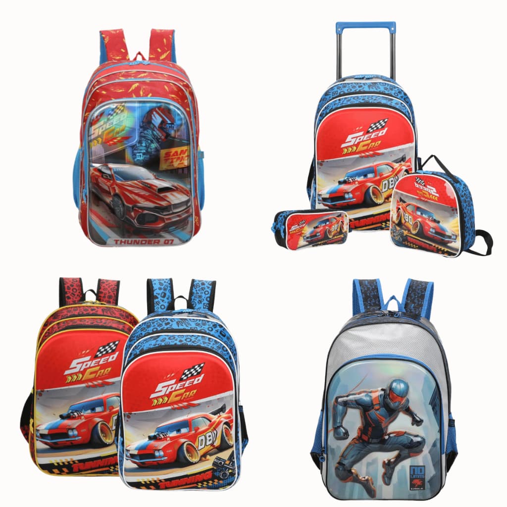 Mochila De Rodinha Menino Infantil Escolar Carros E Super Heróis Azul e Vermelho Qualidade Premium