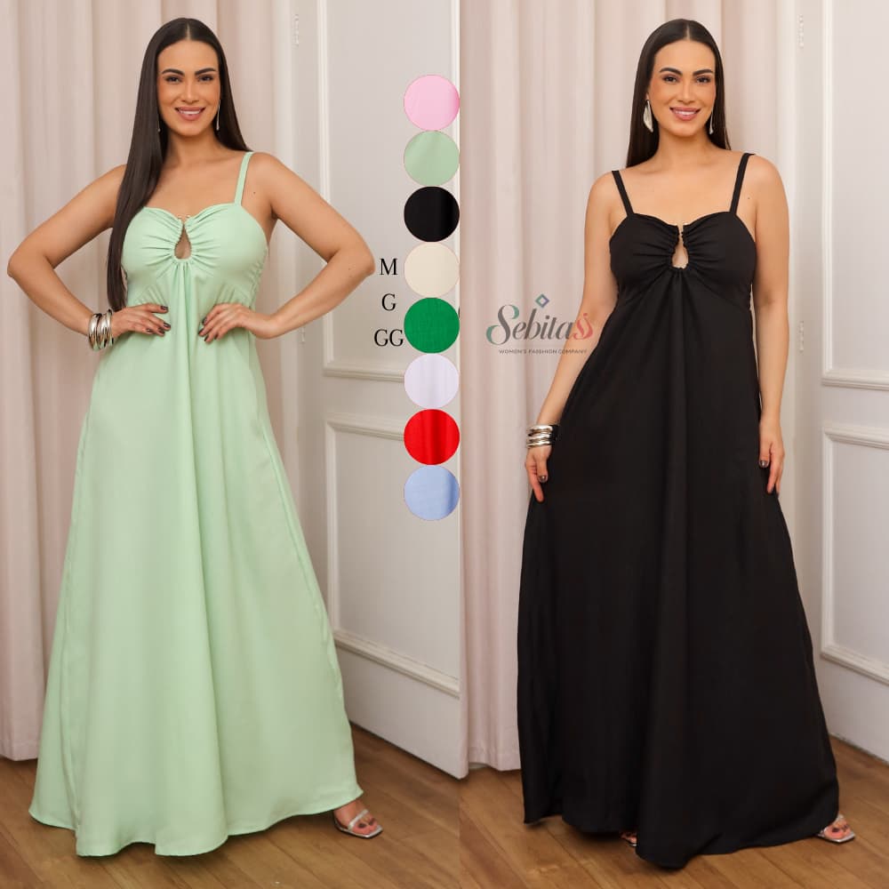 Vestido Longo de Alça Regulagem Feminino Tecido Grosa Verão M-G-GG