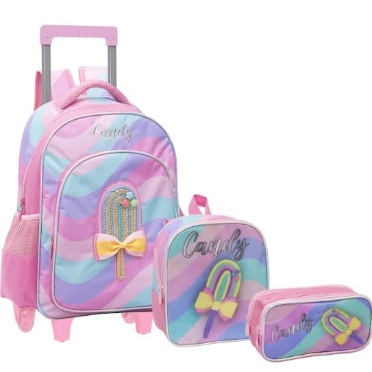 Kit Escolar Infantil Candy 16” — Mochila Carrinho com Alça Reforçada + Lancheira Térmica + Estojo Duplo | Envio Imediato
