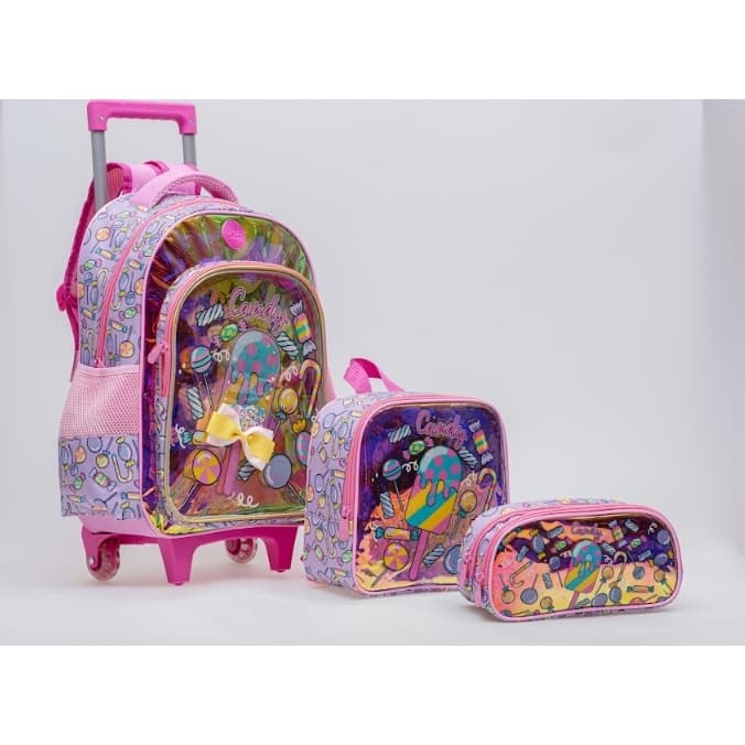 Kit Escolar Infantil Candy Holográfica 16” — Mochila Carrinho + Lancheira Térmica + Estojo Duplo | Envio Imediato