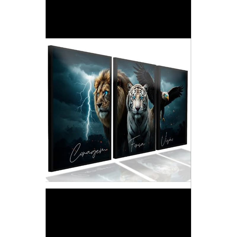Trio de Quadros "Instinto de Poder" - Leão, Tigre e Águia com Frases Motivacionais | H.E.P Decore