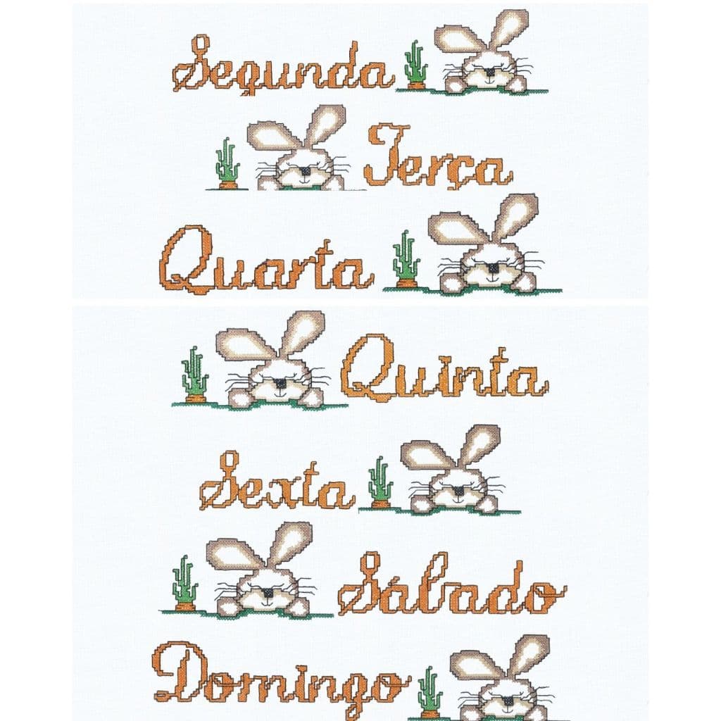 Kit 07 Faixas Ponto Cruz de Coelho Dias da Semana para Panos de Pratos e Artesanatos medidas 9,7cm x 50cm comprimento
