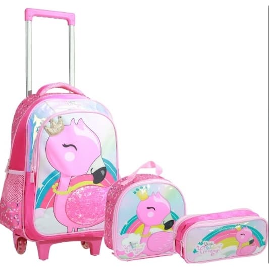 Kit Escolar Feminino Flamingo 16” — Mochila com Rodinhas e Alças + Lancheira Térmica + Estojo Duplo | Poliéster + PVC |