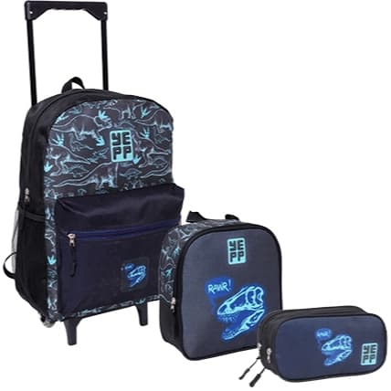 KIT MOCHILA DE RODINHAS 16” DINOSSAURO + LANCHEIRA TÉRMICA + ESTOJO DUPLO INFANTIL - ENVIO IMEDIATO