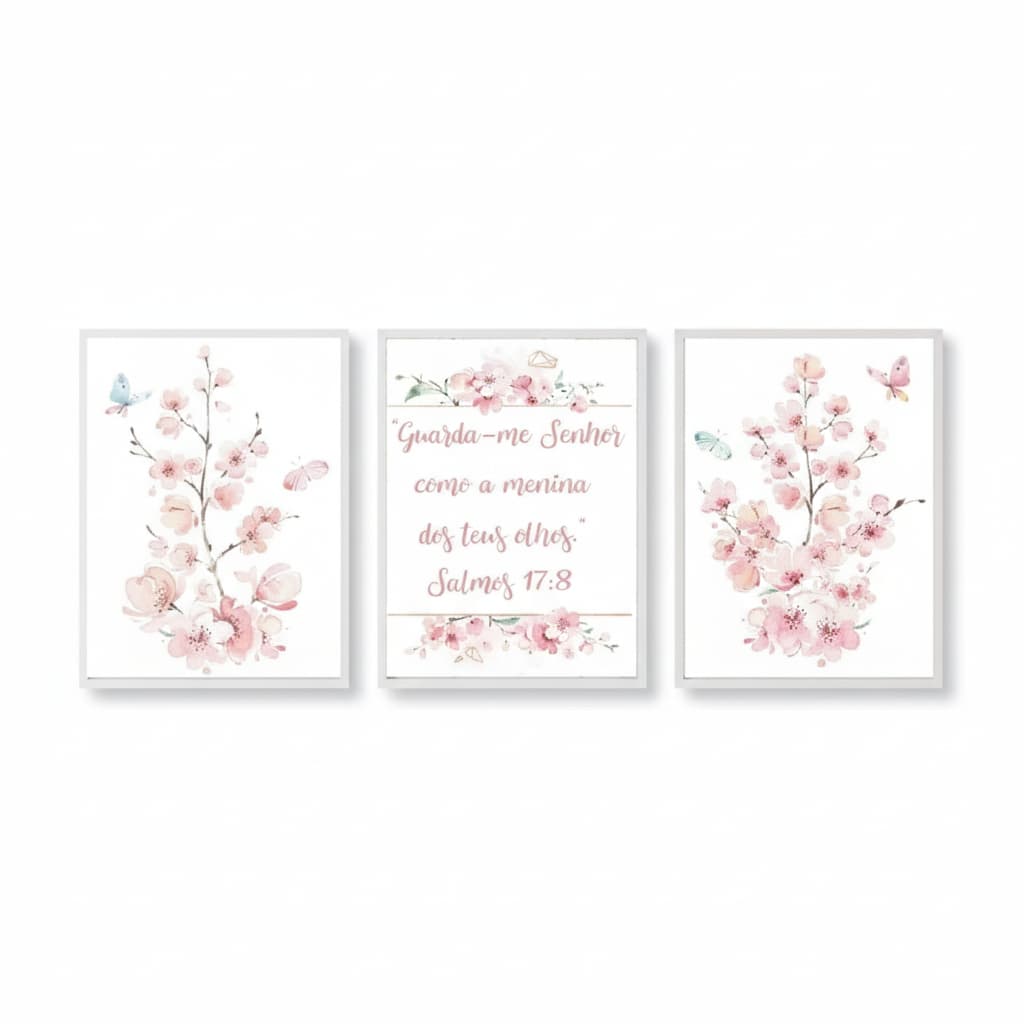 Quadros decorativos Infantil Menina Salmos 17:8 (3 peças)