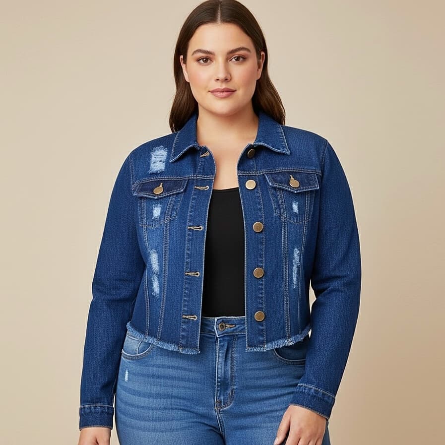 Jaqueta Jeans Plus Size Feminina Escura Denim Desfiada Linha Premium