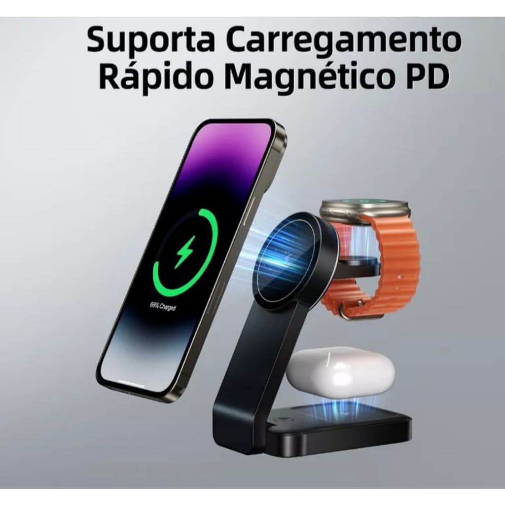 Magnético Carregador Por Indução Sem Fio Wireless Carga Rápida 15w Para iPhone 3x1  KD-9094
