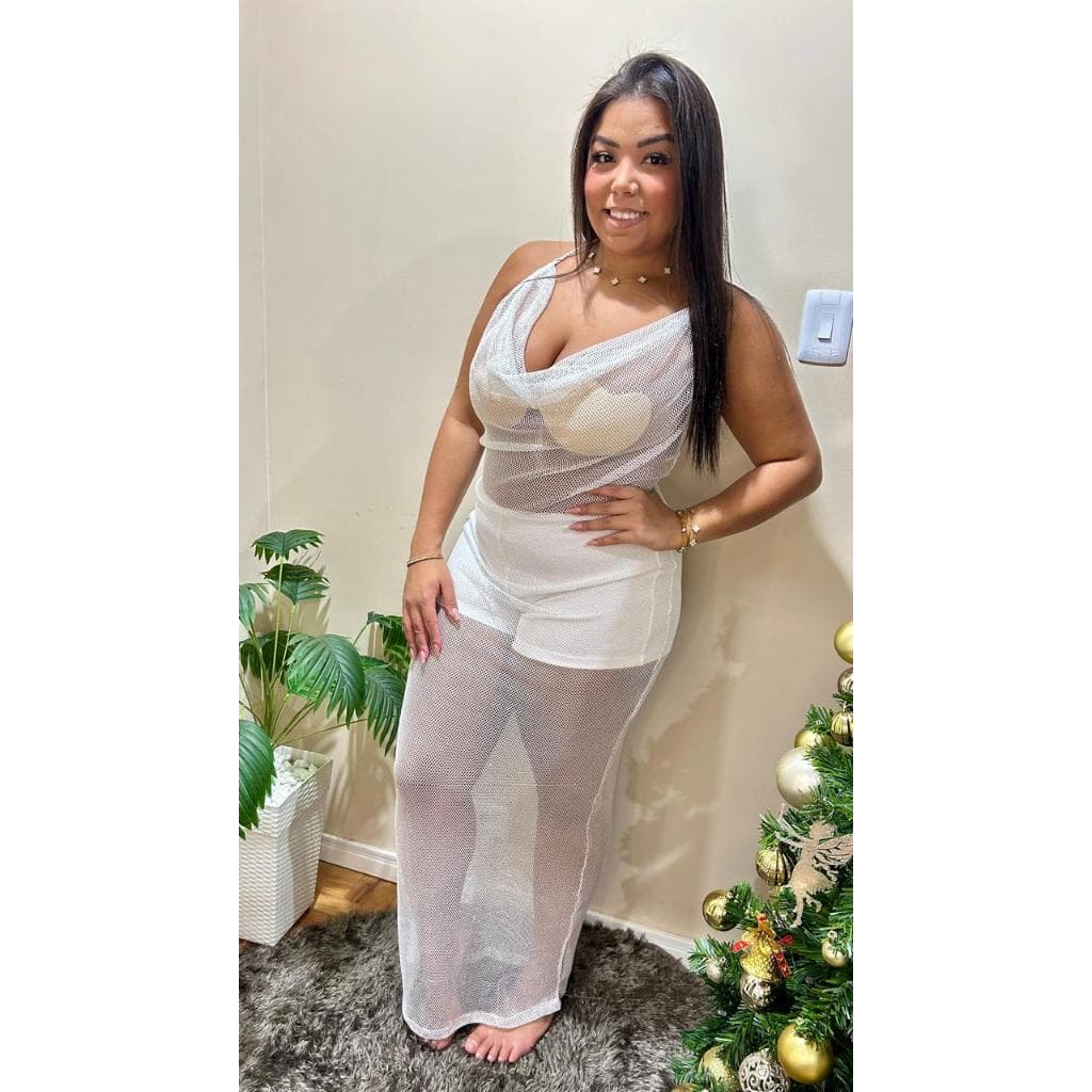 Vestido Longo Costa Nua Frente Única Drapeada Tule Brilhoso  acompanha Short Curto - Coleção Festa