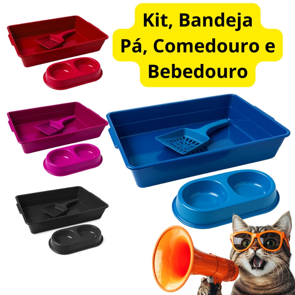 Kit Sanitário Higiênico Completo 3 em 1 Bandeja Caixa de Areia Comedouro Bebedouro Pá Gatos Felinos