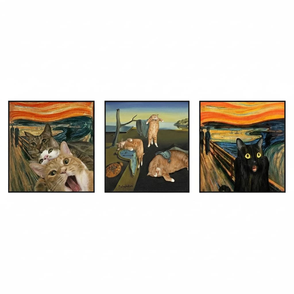 Quadros decorativos Gatos em pinturas famosas (3 peças)