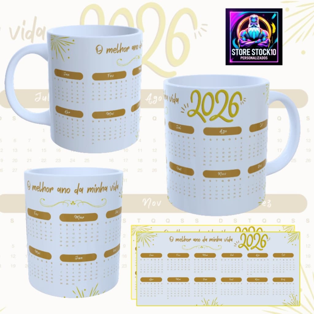 Caneca Calendário 2026 Pocelana 325ml Janeiro a Dezembro