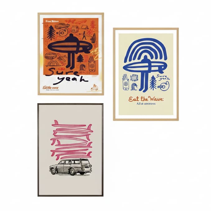 Quadros decorativos Vintage Praia Abstrato, Surf Art, Pintura Surf Wagon (3  peças)