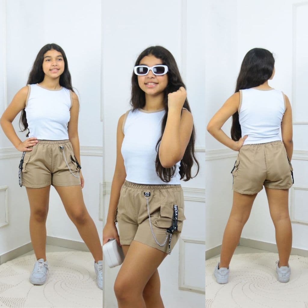 Short Cargo Juvenil Tactel  feminino  com Corrente e Bolsos – 10 a 16 anos meninas