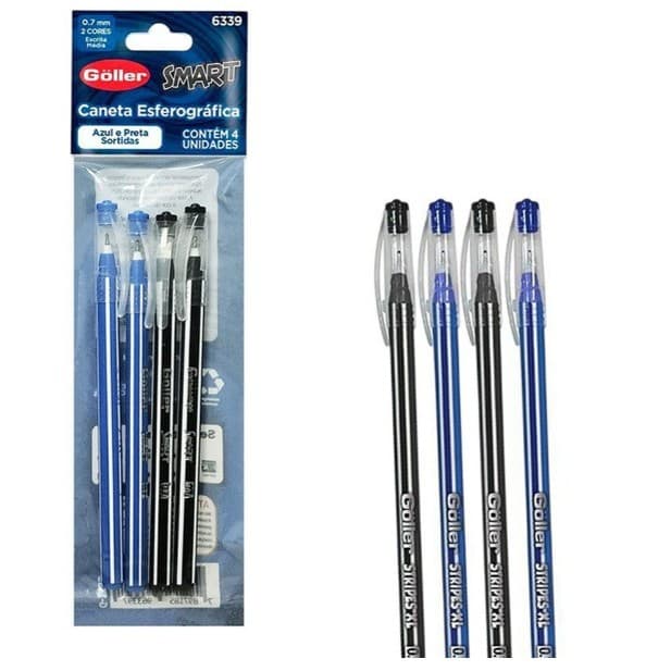 📚✨ Caneta Esferográfica 0.7mm Escrita Média | Kit com 4 Unidades Azul e Preto