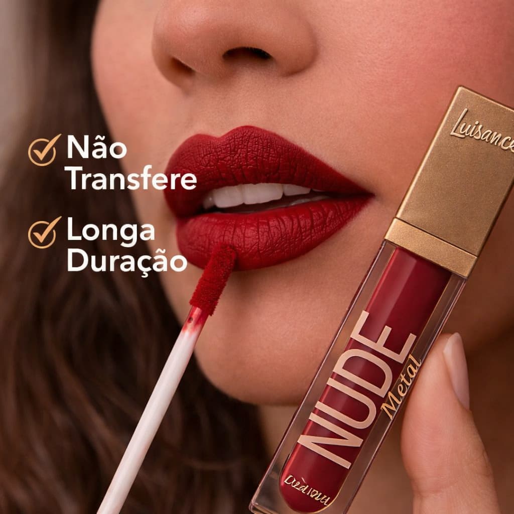 Batom Líquido Nude Metal Luisance 5,5g  Longa Duração  Não Transfere  Matte Confortável Acetinado