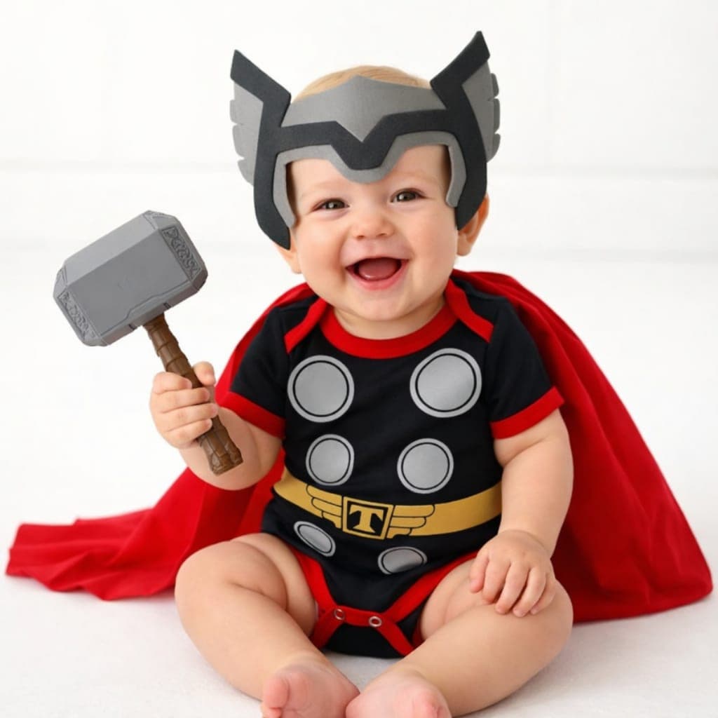 Body de Bebê Thor Mesversário Fantasia Completa com Capa, Máscara e Machado | Herói