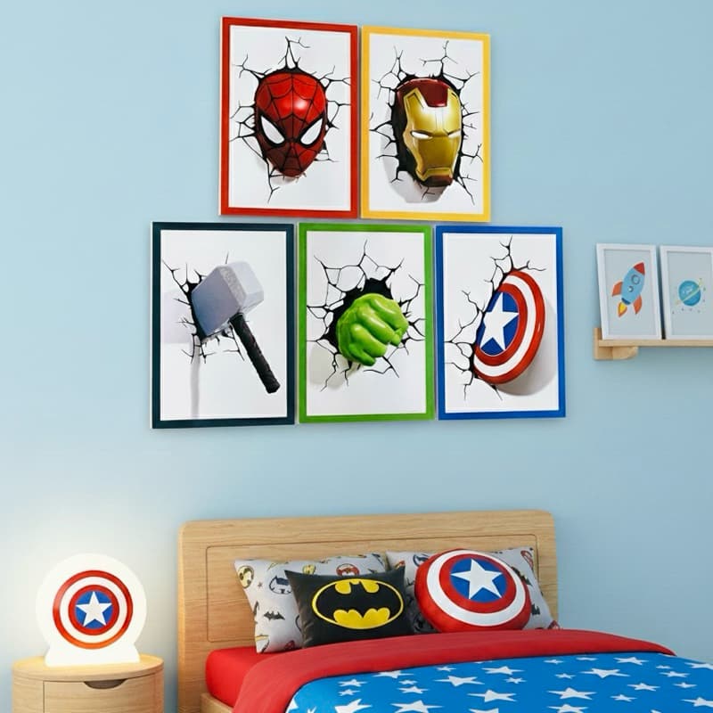 Kit 5 Placas MDF Quadros 3D Heróis Vingadores SEM MOLDURA quarto infantil decoração menino presente dia das crianças