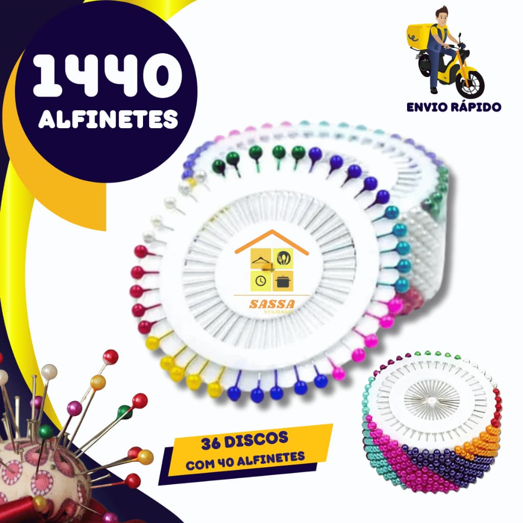 Kits Alfinete de Cabeça Colorida Perolada para Costura Costureira e Artesanato 35mm Kit até 1440 Alfinetes