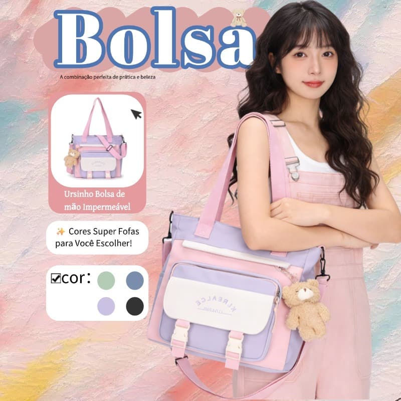 Bolsa Transversal Vistoso Bag de Ombro Coreana Escolar Infantil + Ursinho Bolsa de mão Impermeável