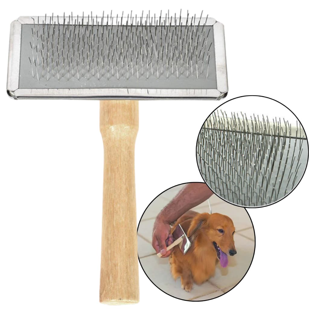 Rasqueadeira Pet com Cerdas de Aço e Cabo de Madeira – Escova para Remover Pelos e Sujeira em Cães e Gatos