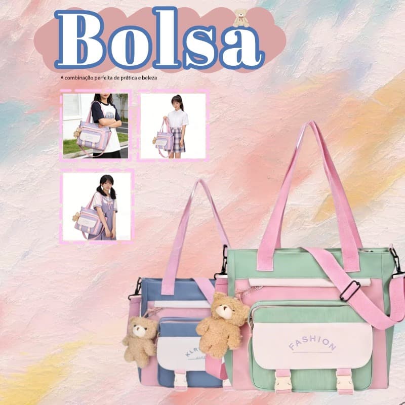 Bolsa Transversal Vistoso Bag de Ombro Coreana Escolar Infantil + Ursinho Bolsa de mão Impermeável