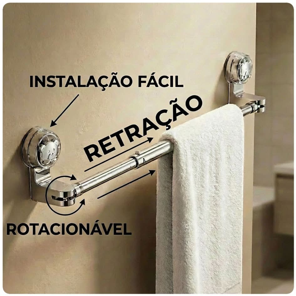 Suporte  Toalheiro Barra Dupla Luxo Com Gacho e com Toalha Ventosa suporte  banheiro  toalheiro