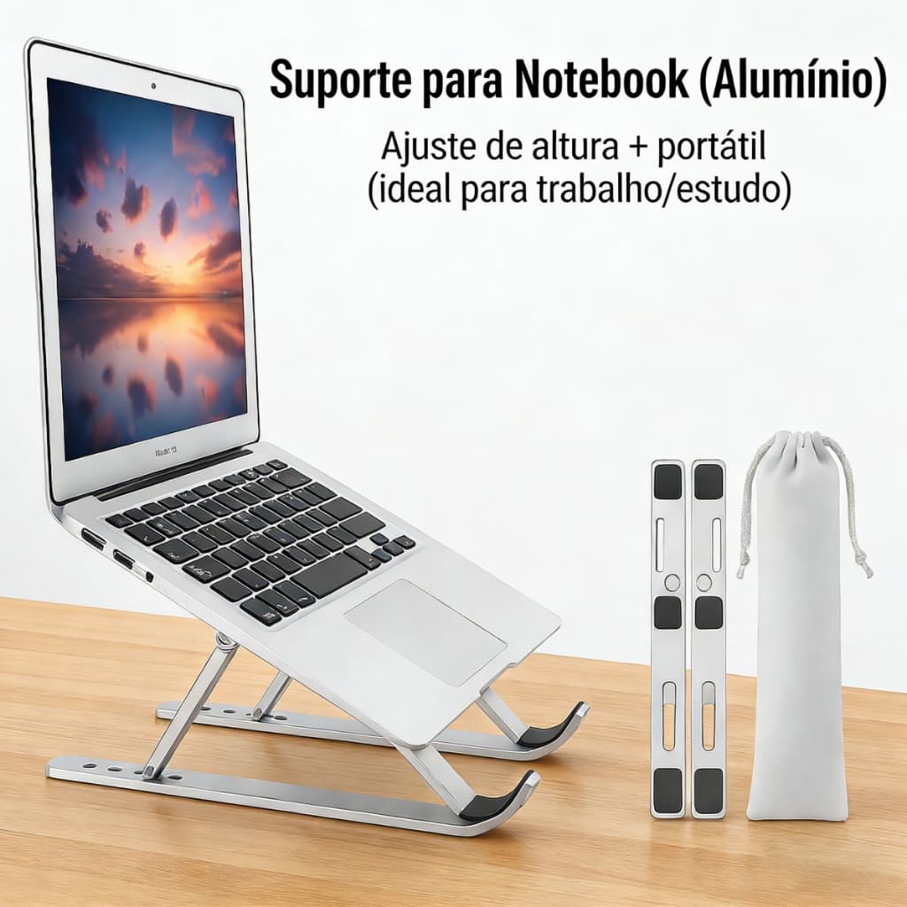 Suporte Para Notebook Base Dobrável de Alumínio Ergonômico Ajustável Fino Portátil Com Estojo