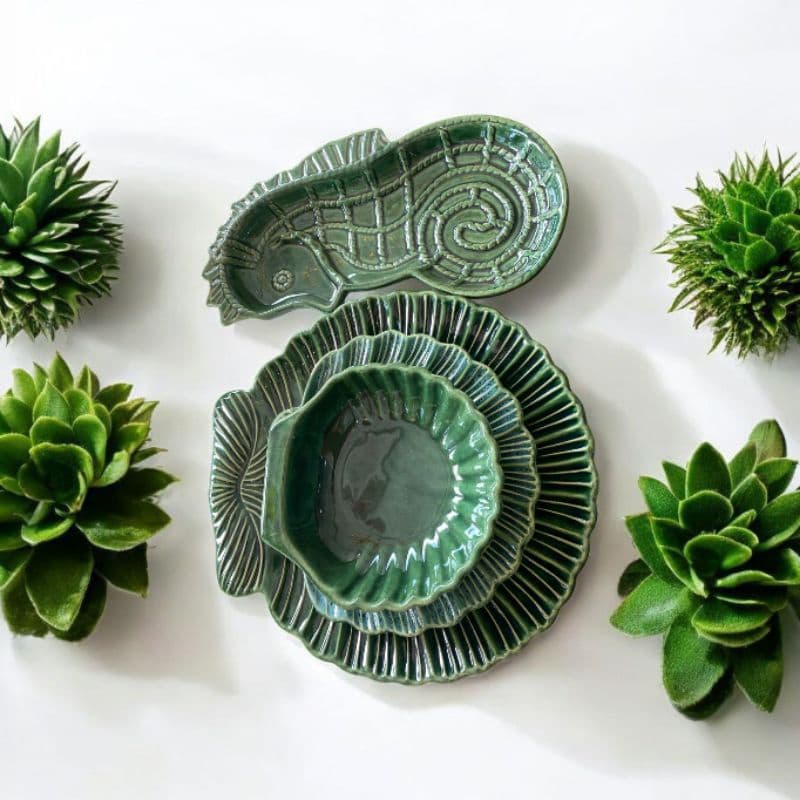 Kit Travessa Formato de Concha G + M + Bowl de Concha + Cavalo Marinho Cerâmica Para Mesa Posta e Decoração