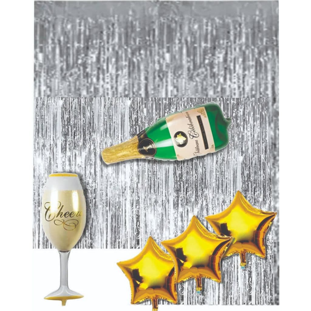 Kit Balão metalizados 2 Cortinas 1x2 m + Champanhe + 1 Taça Ano Novo 45cm + 3 Balão Estrelas 25cm