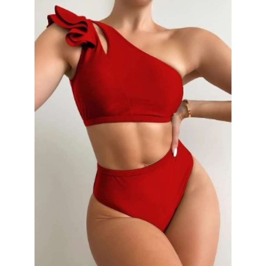 Biquíni ombro só de babado com calcinha hotpant top croppet bojo removivel moda gringa verão 2026