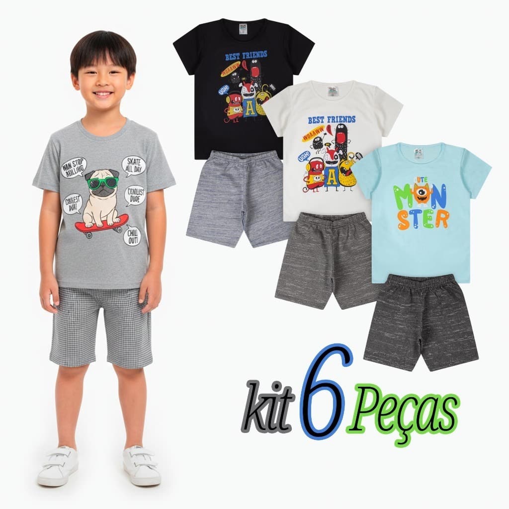 Kit Sortido 3 conjuntos de Roupas Masculino Infantil Verão – 3 Camisetas + 3 Bermudas Tamanhos 2 ao 16
