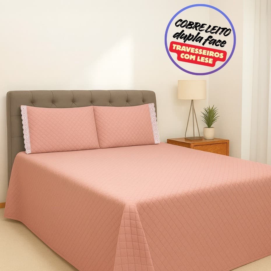 Kit Colcha Cobre Leito Casal Padrão 3 Peças Matelado Imperium Dupla Face