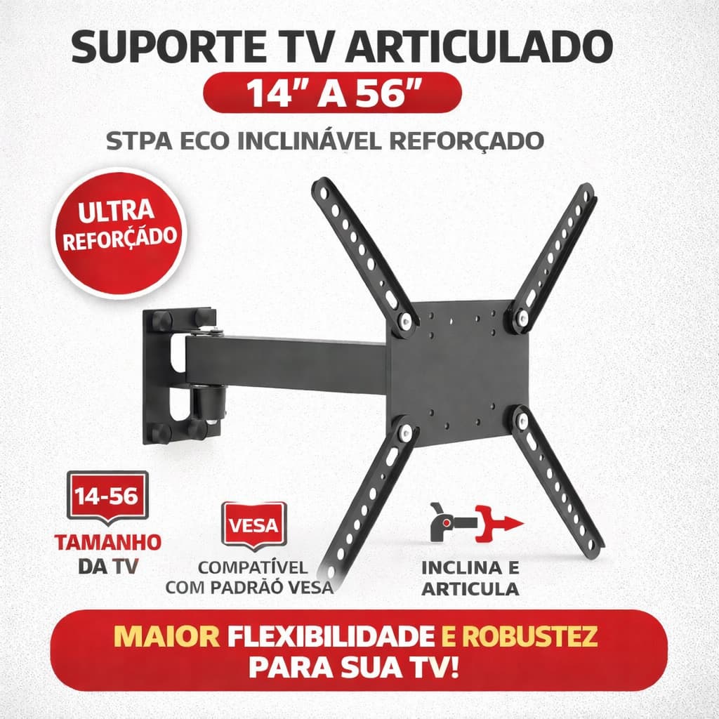 Suporte TV LED LCD Universal Bi Articulado Movimento e Inclinação para Tvs de 14 até 56 Polegadas